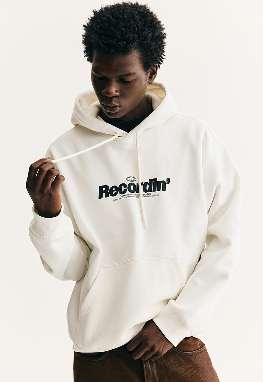 H&M - Loose fit printed hoodie - white/recordin'