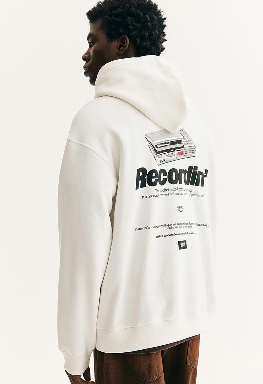 H&M - Loose fit printed hoodie - white/recordin'