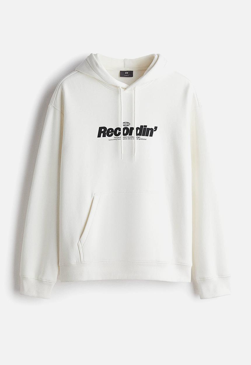 H&M - Loose fit printed hoodie - white/recordin'