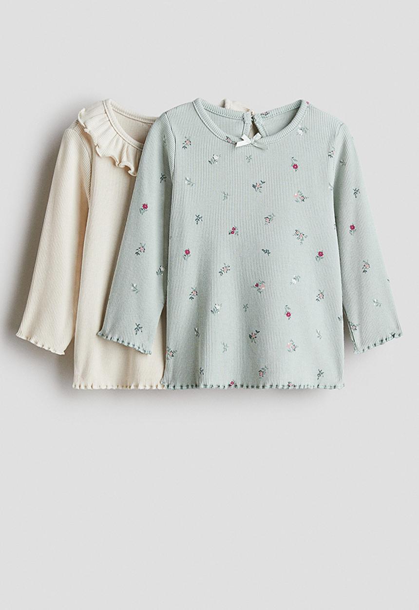 H&M - 2-pack ribbed jersey tops - light turquoise/floral