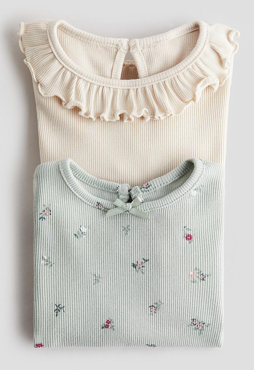 H&M - 2-pack ribbed jersey tops - light turquoise/floral