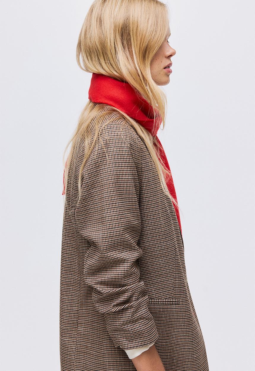 H&M - Gathered-sleeve blazer - brown/dogtooth pattern