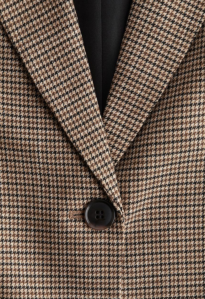 H&M - Gathered-sleeve blazer - brown/dogtooth pattern