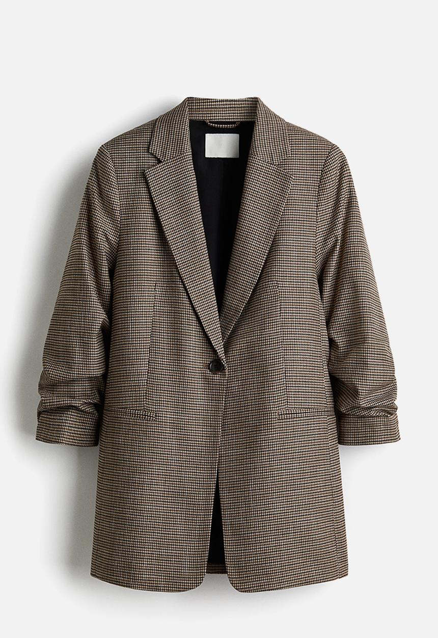 H&M - Gathered-sleeve blazer - brown/dogtooth pattern
