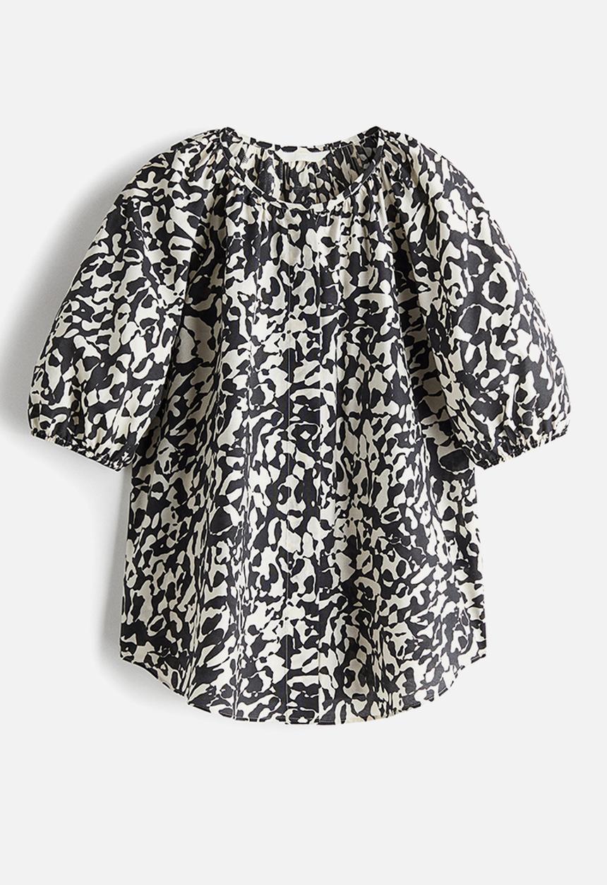 H&M - Balloon-sleeved blouse - white/black patterned