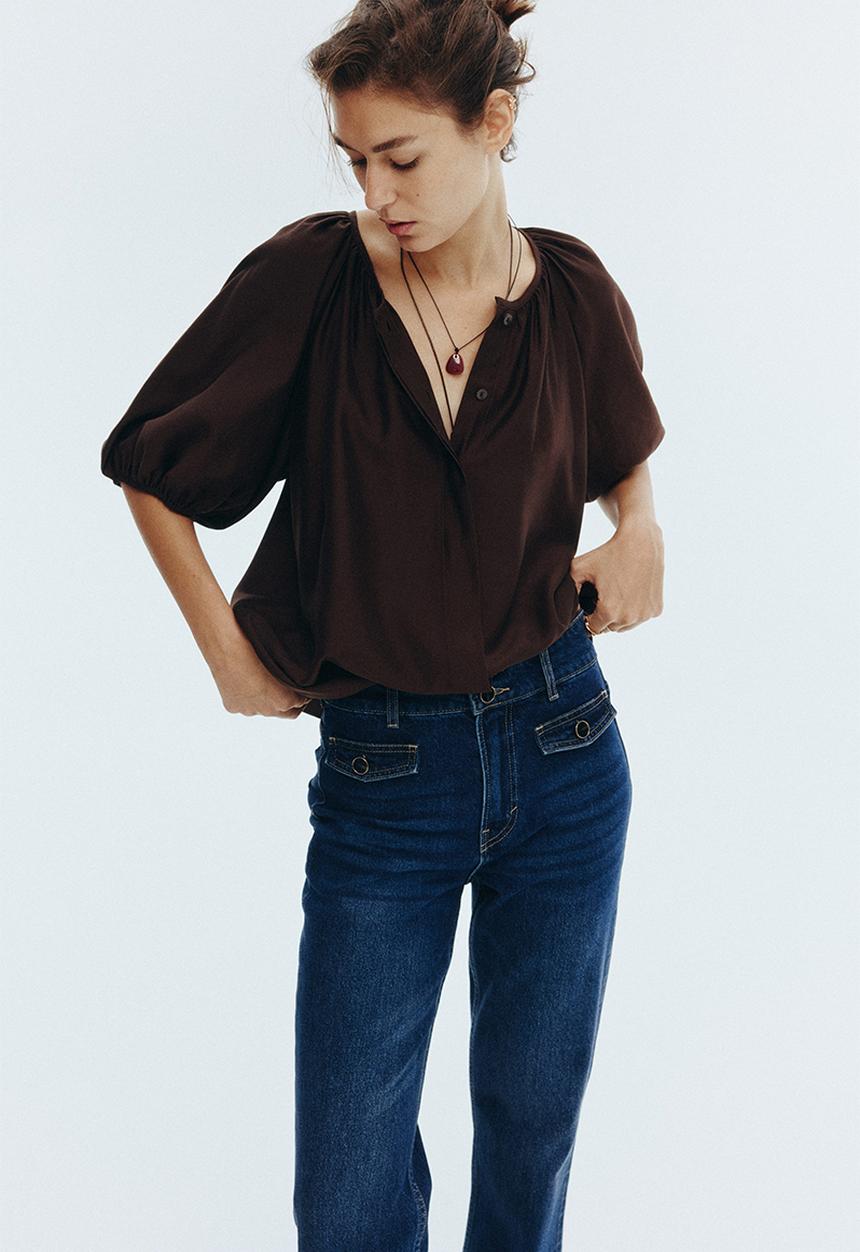 H&M - Balloon-sleeved blouse - dark brown