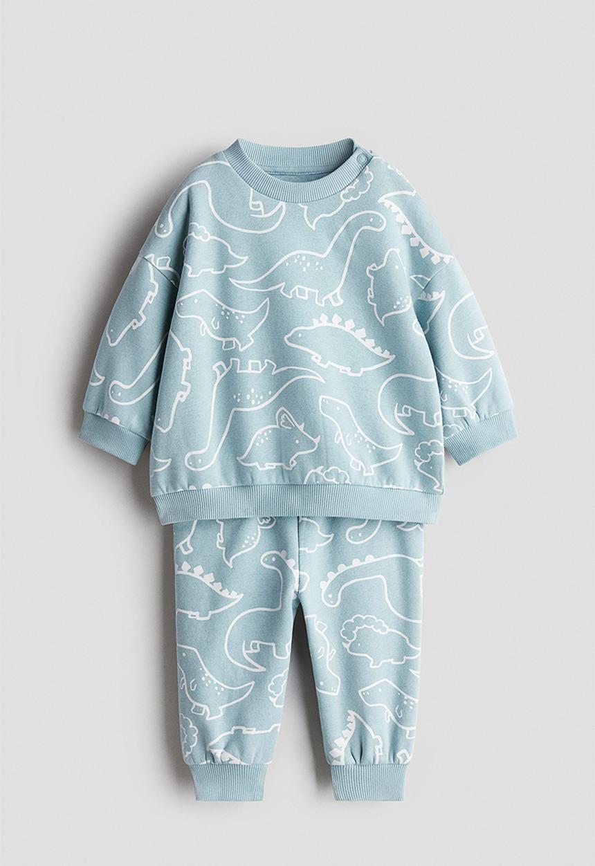 H&M - 2-piece printed brushed-inside sweatshirt set - turquoise/dinosaurs