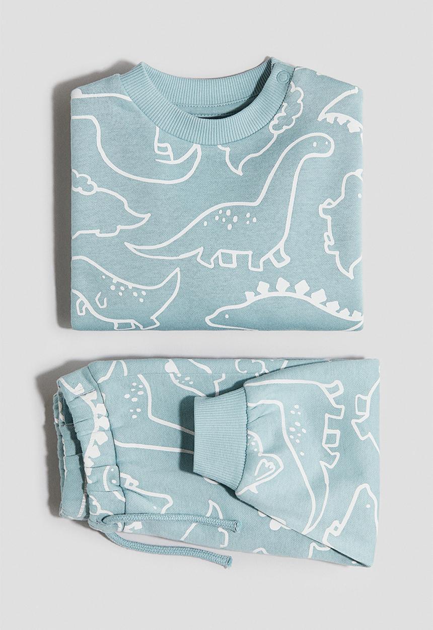 H&M - 2-piece printed brushed-inside sweatshirt set - turquoise/dinosaurs