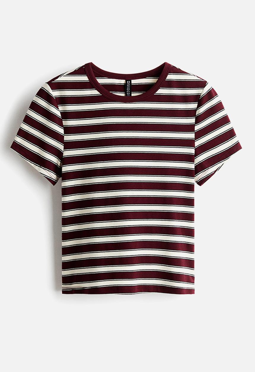 H&M - Fitted cotton T-shirt - burgundy/striped