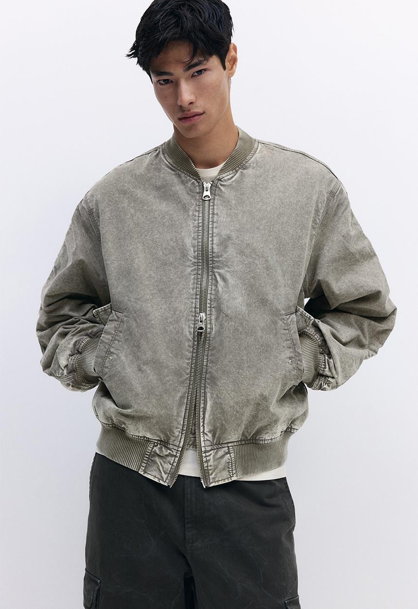 Washed bomber jacket - khaki green - 1296096001