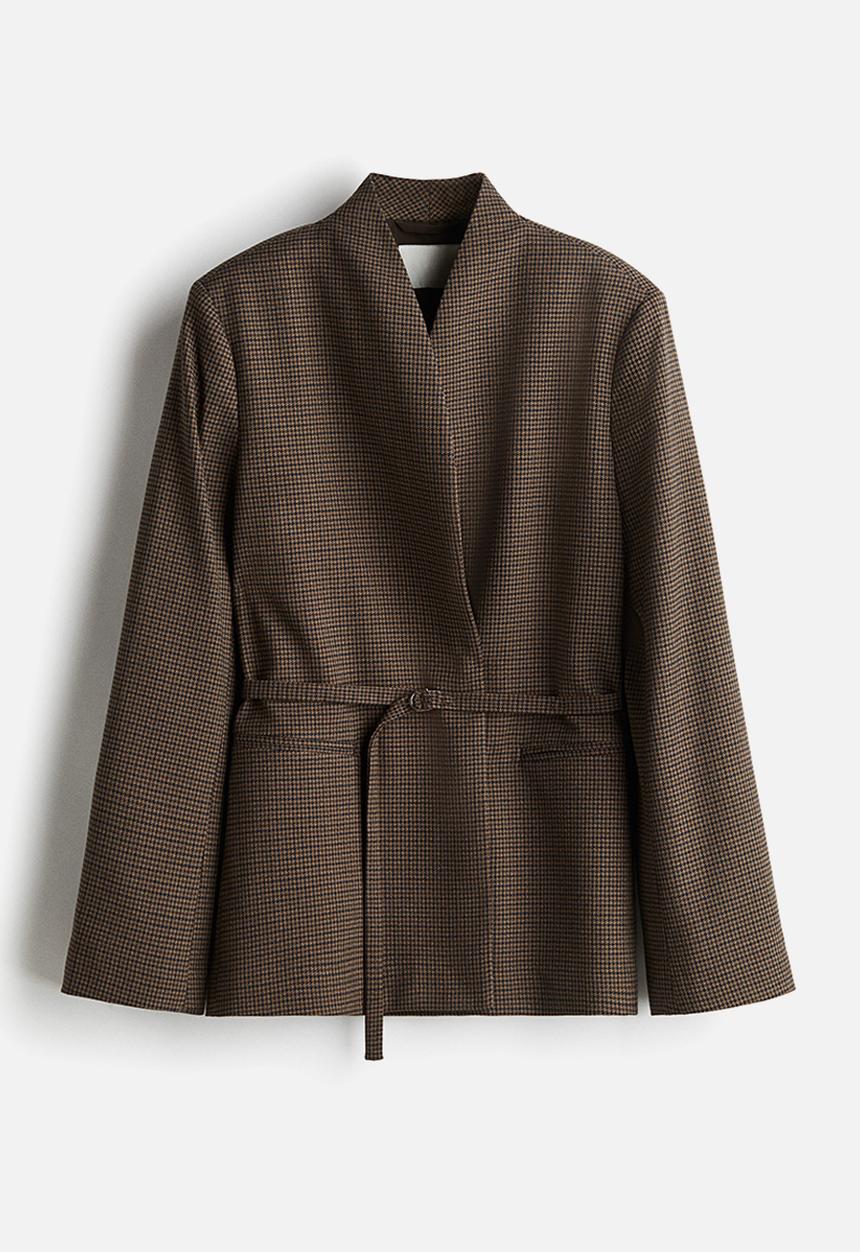 H&M - Belted blazer - dark beige/dogtooth pattern