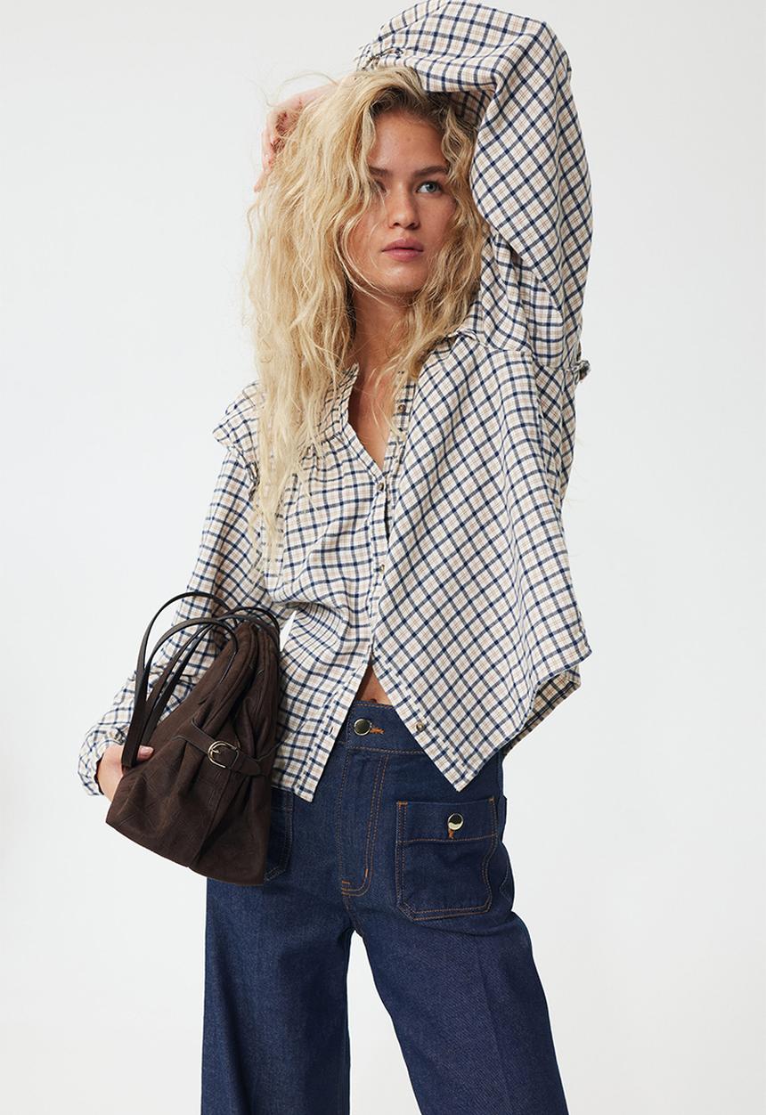 H&M - Flounce-detail blouse - light beige/checked