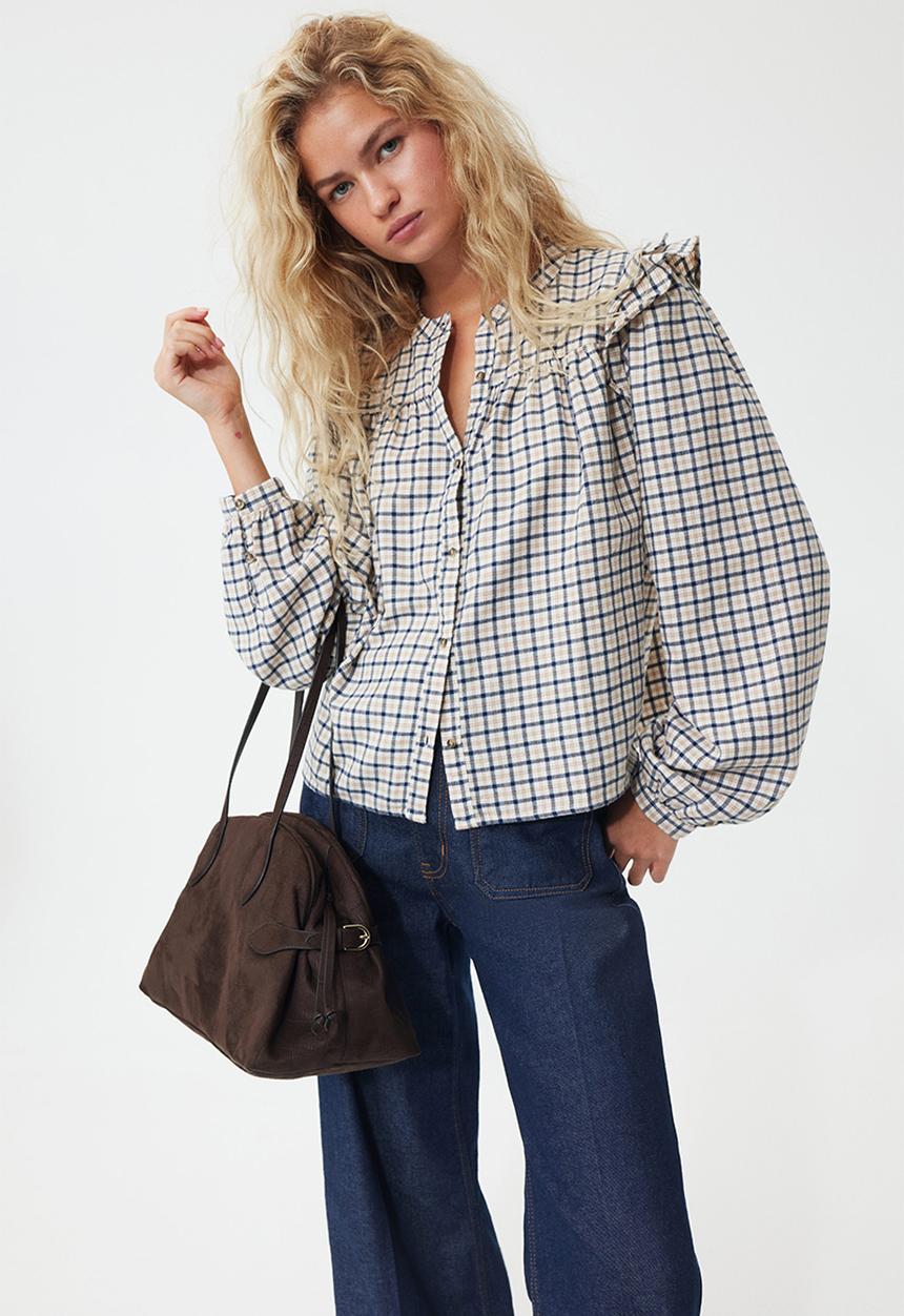 H&M - Flounce-detail blouse - light beige/checked