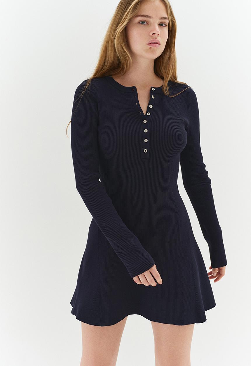 Rib-knit flared-skirt dress - navy blue - 1301237001