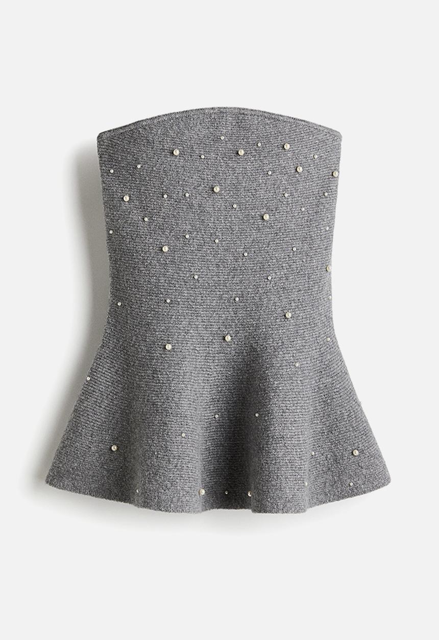 H&M - Bead-embellished bandeau top - grey marl