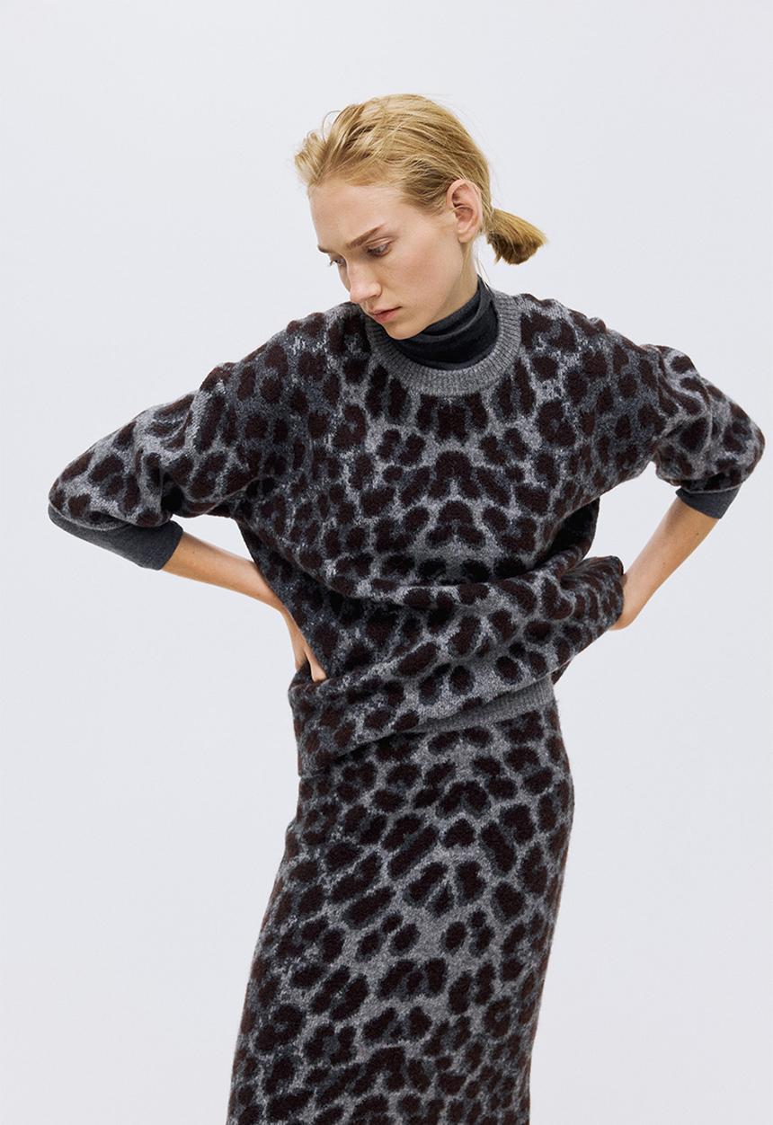 H&M - Boxy jacquard-knit jumper - grey/leopard print