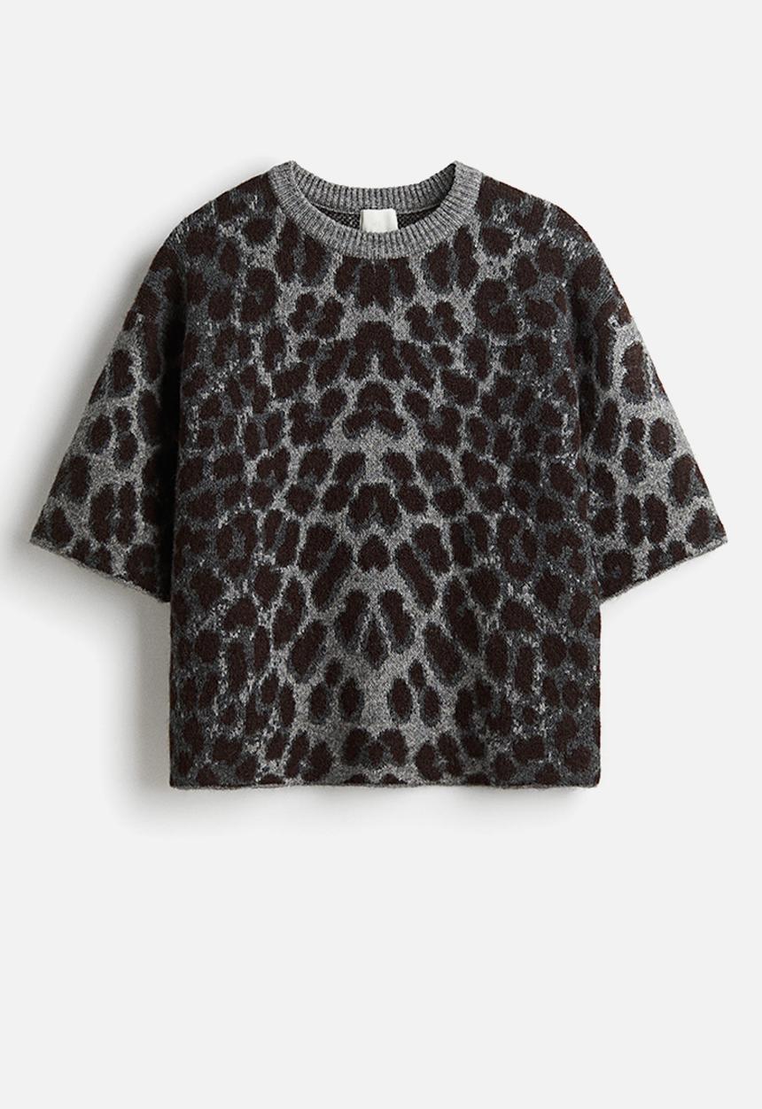 H&M - Boxy jacquard-knit jumper - grey/leopard print