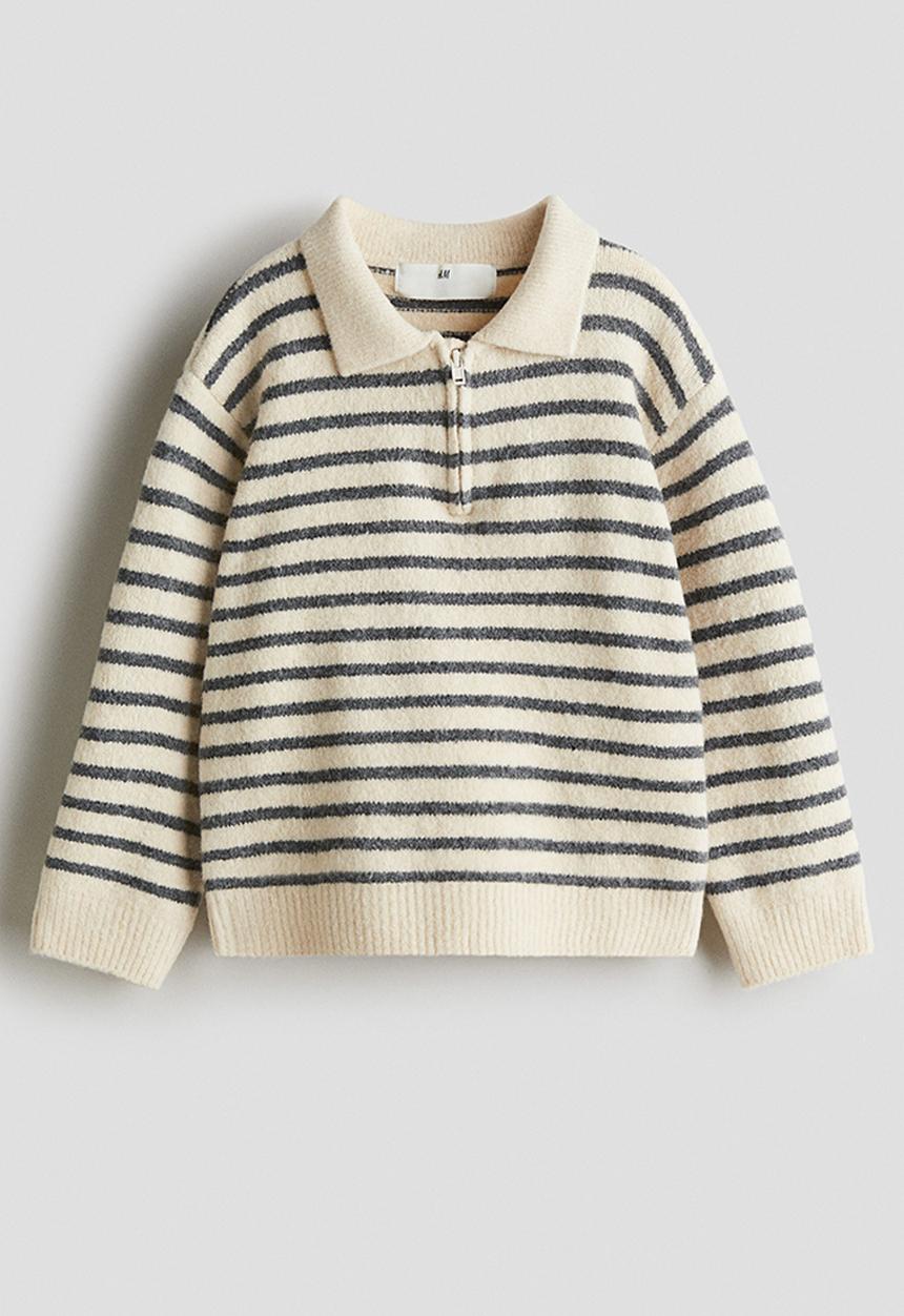 H&M - Brushed zip-top polo jumper - light beige/striped