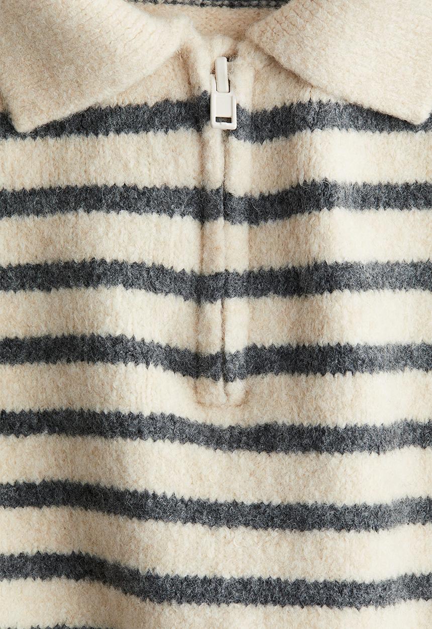 H&M - Brushed zip-top polo jumper - light beige/striped