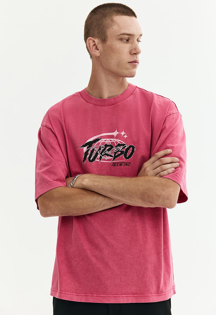 Loose fit washed t-shirt - dark pink/turbo - 1309725003