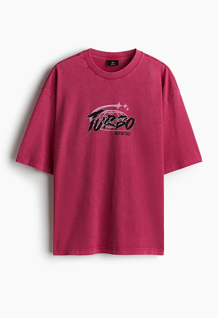 H&M - Loose fit washed T-shirt - dark pink/turbo
