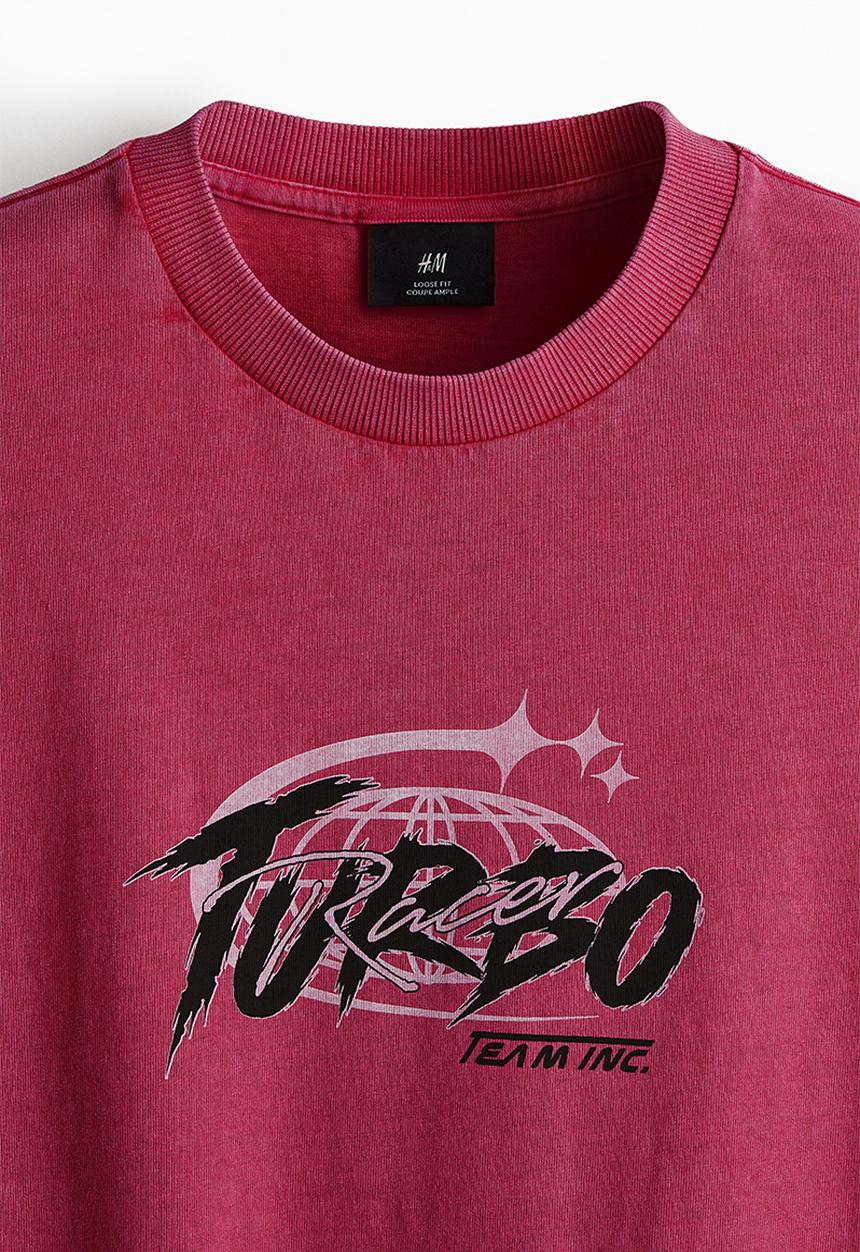 H&M - Loose fit washed T-shirt - dark pink/turbo