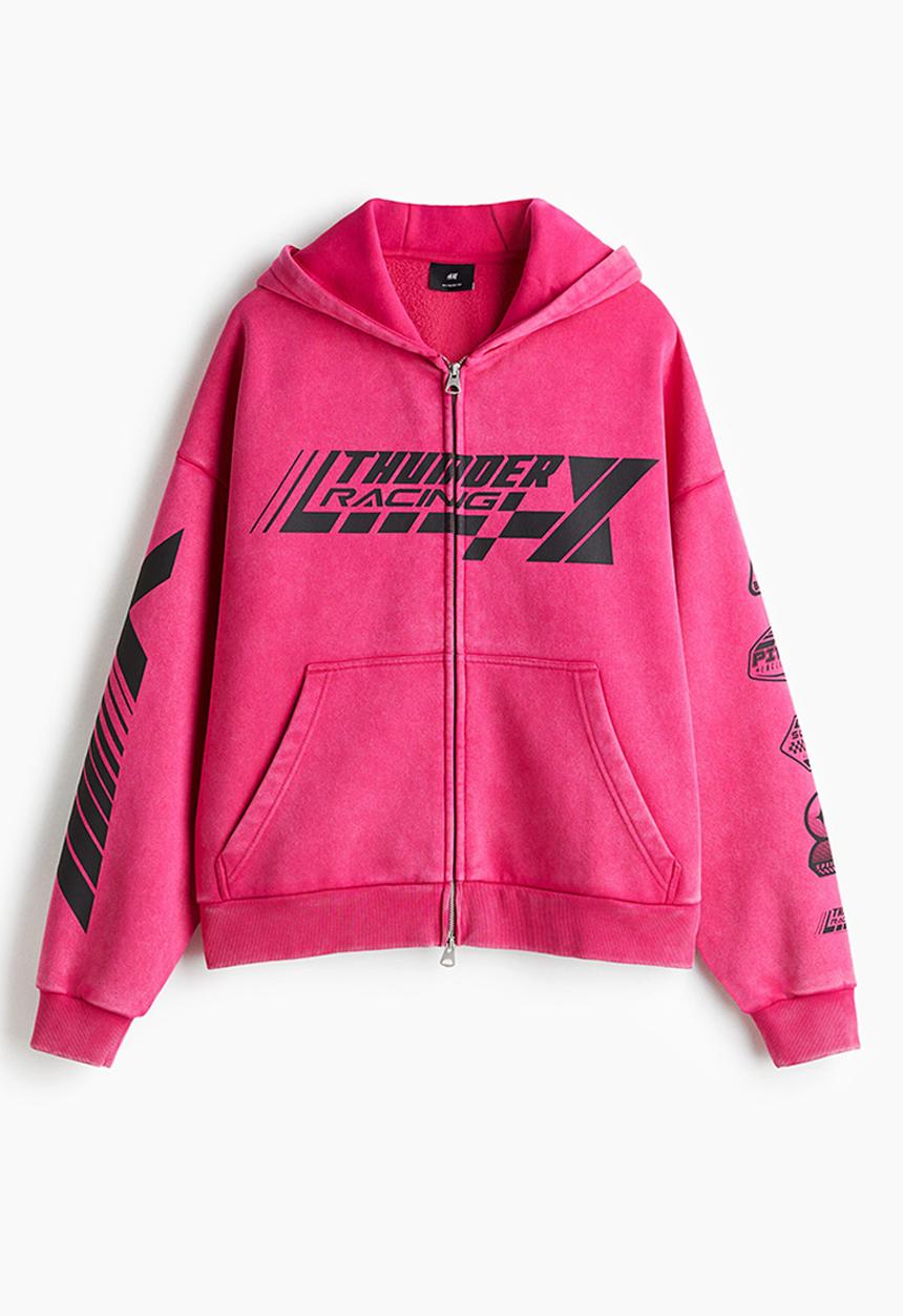 H&M - Oversized fit zip-through hoodie - cerise/thunder racing