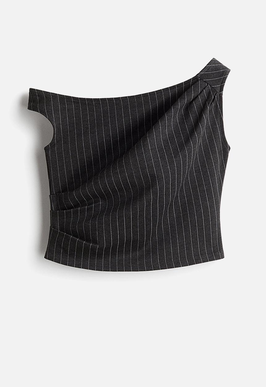 H&M - One-shoulder ponte di roma top - dark grey/striped