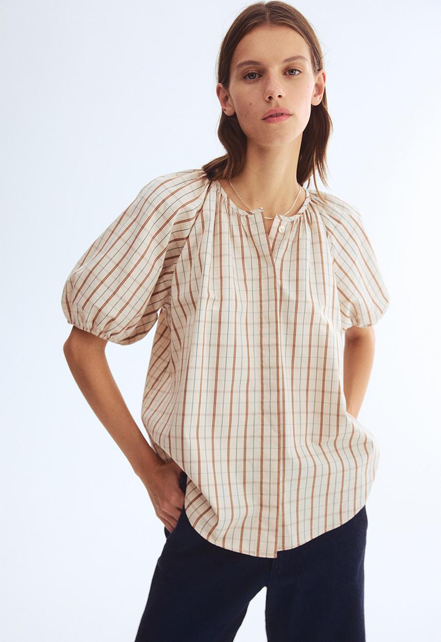 H&M - Puff-sleeved cotton blouse - light beige/checked