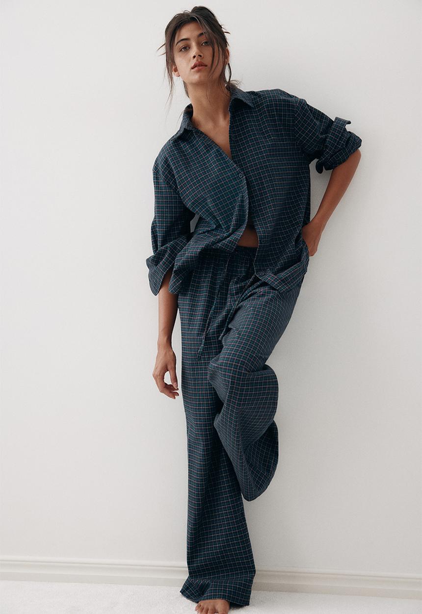 Cotton flannel pyjamas - navy blue/checked - 1312504001