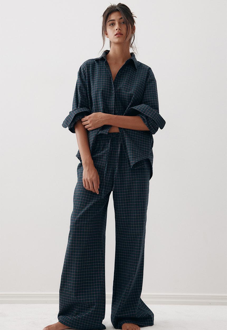 Cotton flannel pyjamas - navy blue/checked - 1312504001