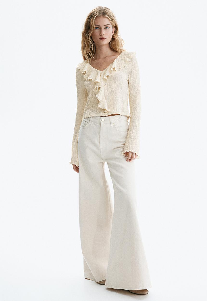 H&M - Frill-trimmed v-neck top - light beige