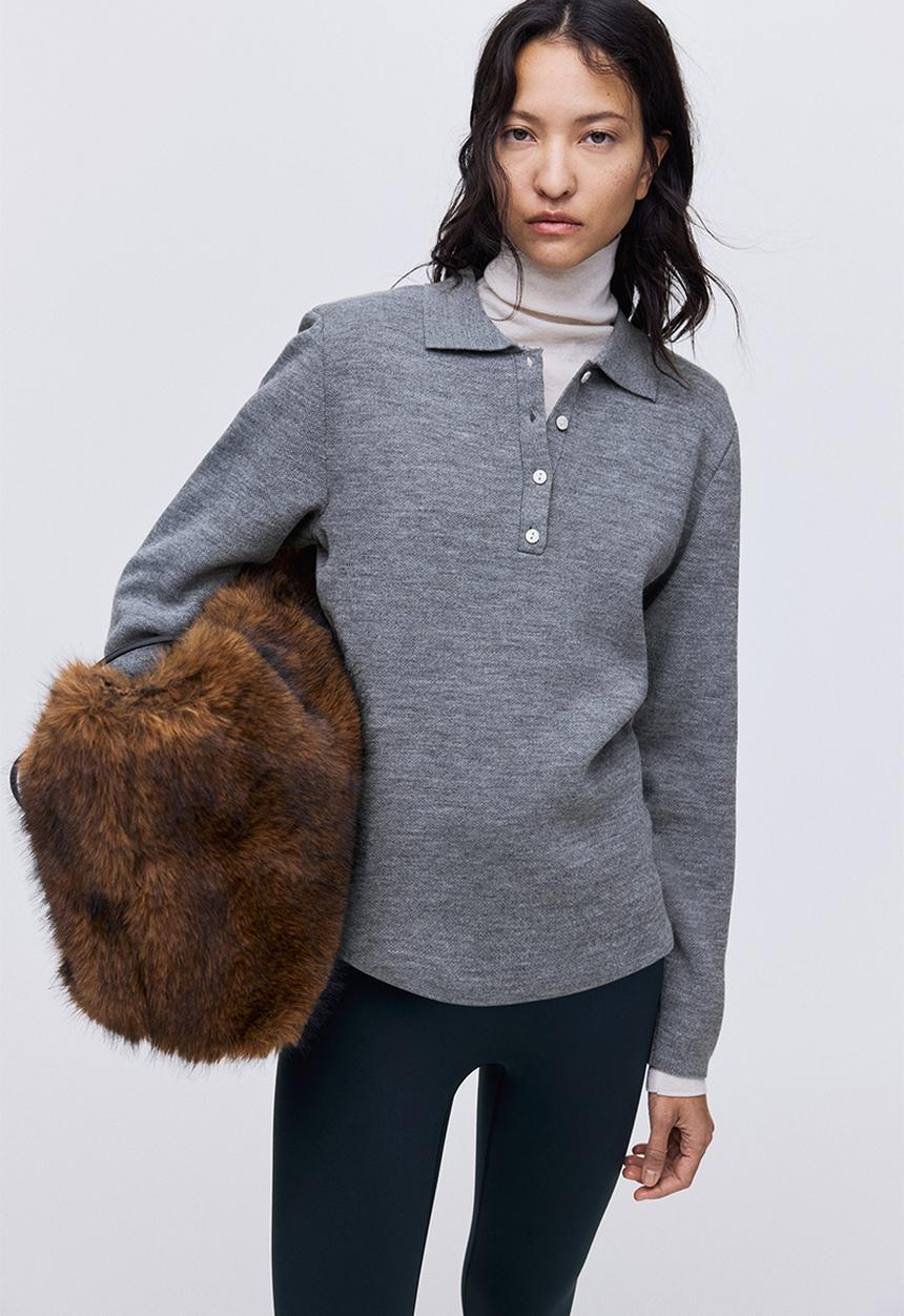 Shoulder-pad polo jumper - grey marl - 1322141001