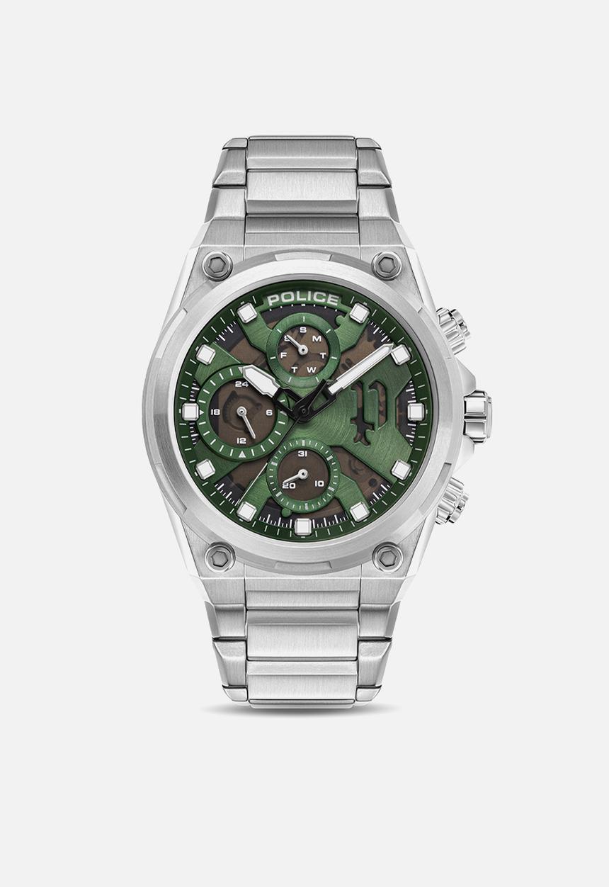 Police - Steel Case Green Dial Bracelet Strap - Silver