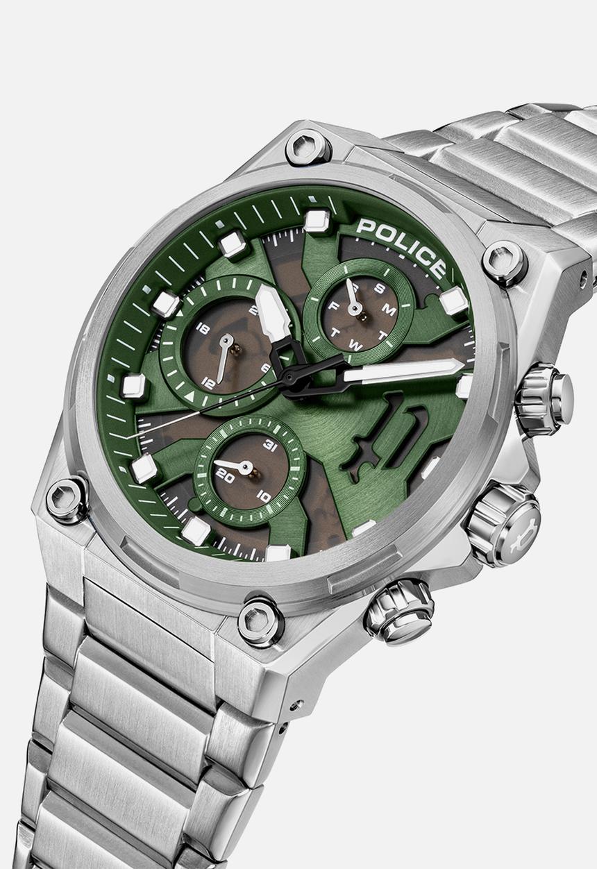 Police - Steel Case Green Dial Bracelet Strap - Silver