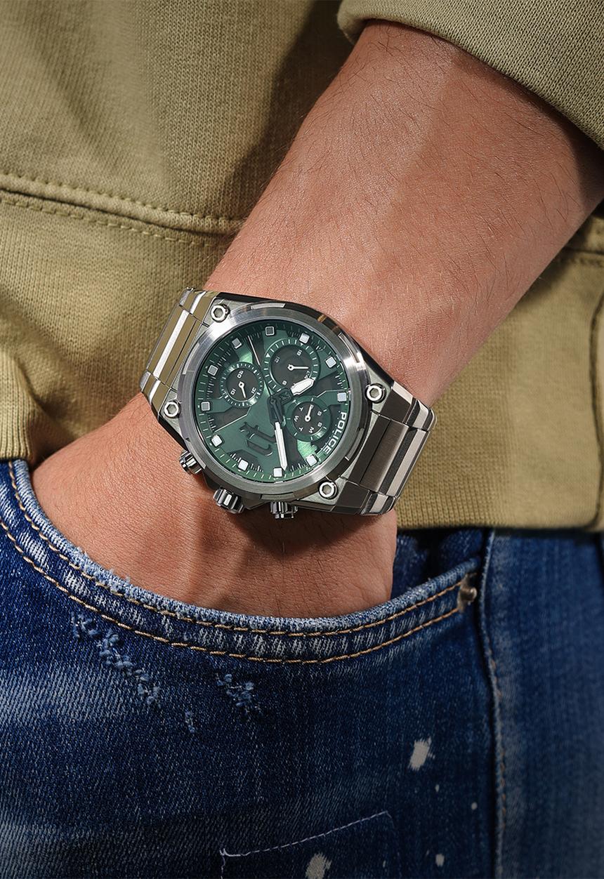 Police - Steel Case Green Dial Bracelet Strap - Silver