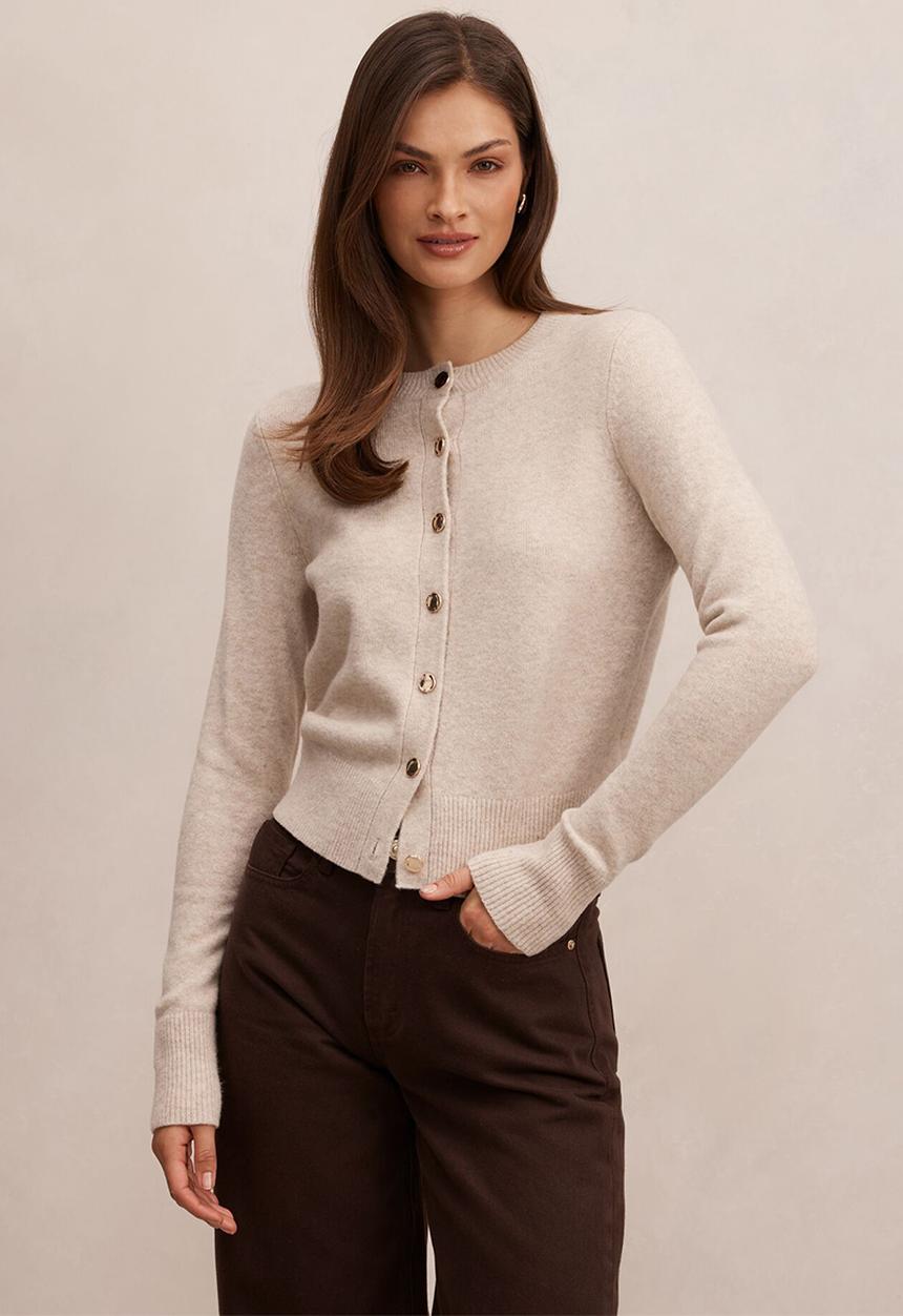 Forever New - May Crew Neck Cardigan In Soft Oatmeal