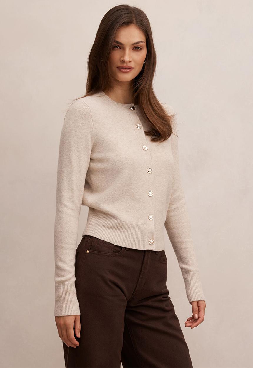 Forever New - May Crew Neck Cardigan In Soft Oatmeal