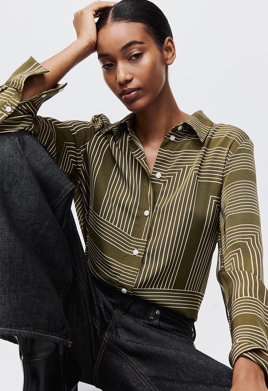 H&M - Shirt - khaki green/patterned
