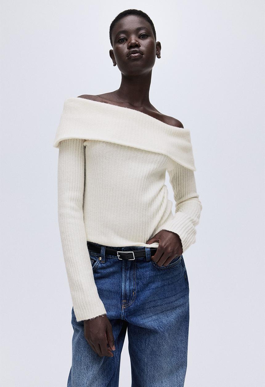 Rib-knit off-the-shoulder top - cream - 1293121001