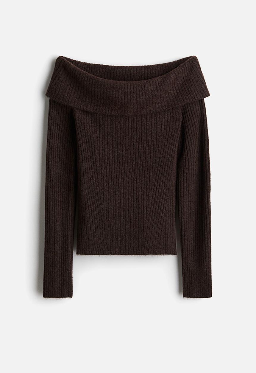 H&M - Rib-knit off-the-shoulder top - dark brown