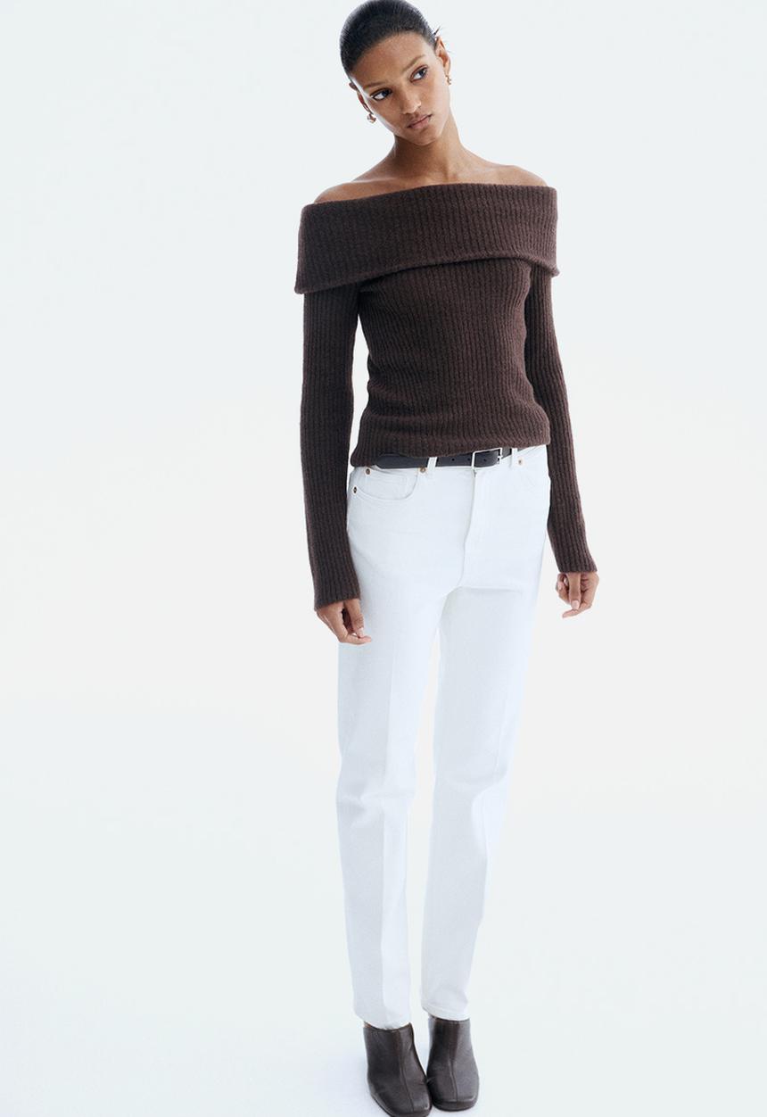 H&M - Rib-knit off-the-shoulder top - dark brown