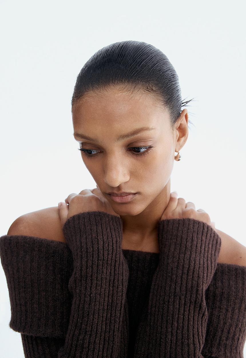 H&M - Rib-knit off-the-shoulder top - dark brown