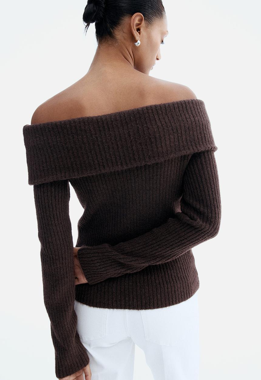 H&M - Rib-knit off-the-shoulder top - dark brown
