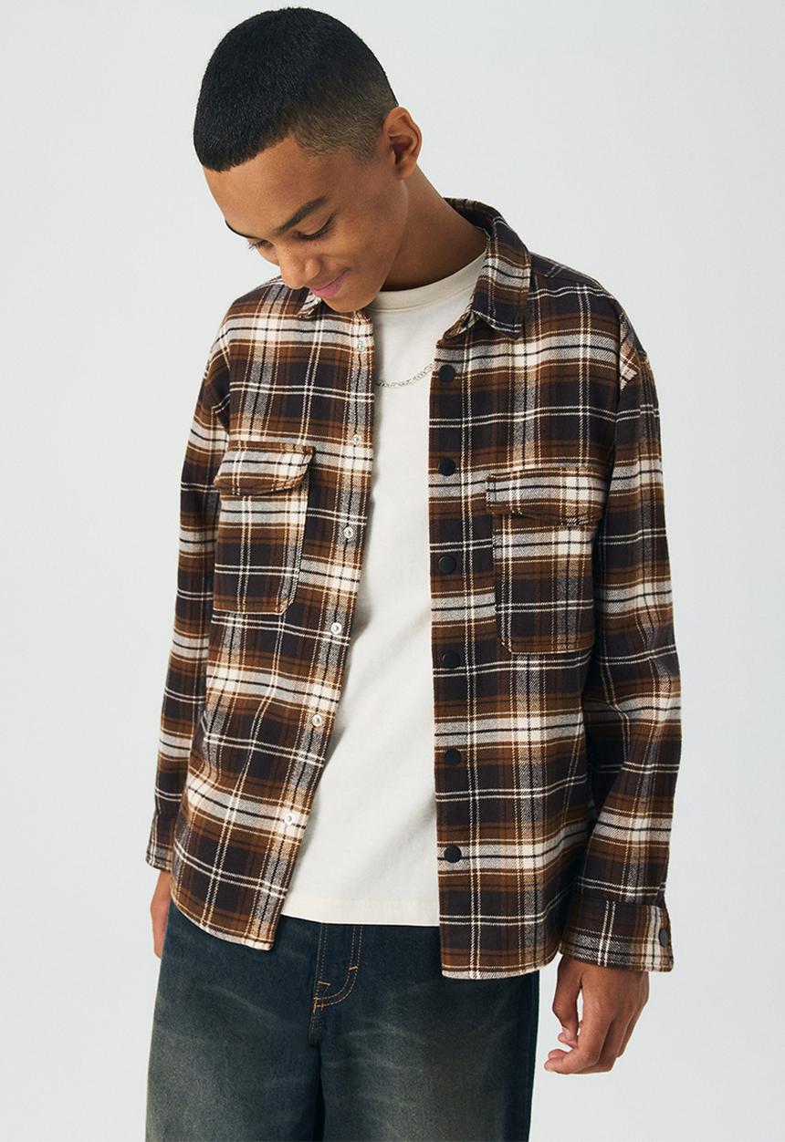 H&M - Cotton flannel overshirt - brown/checked