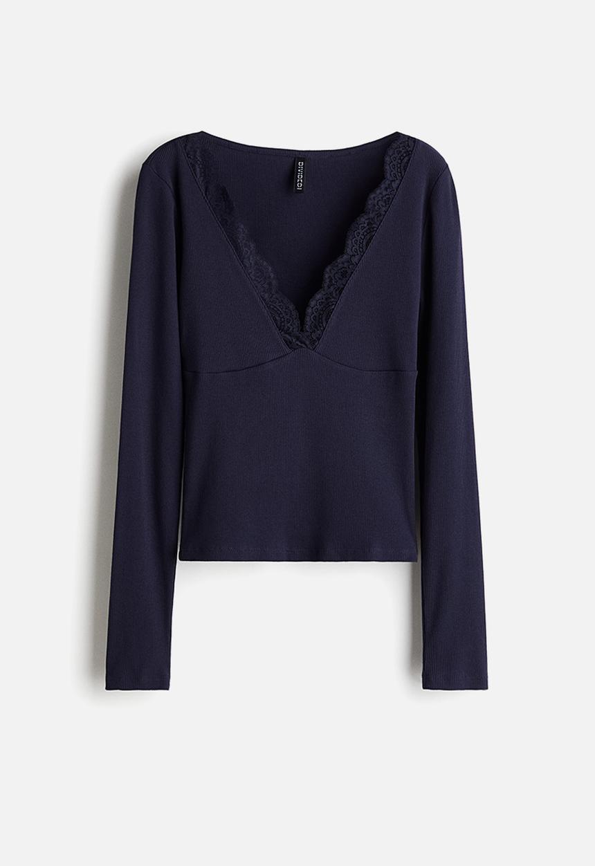 H&M - Lace-trimmed top - navy blue