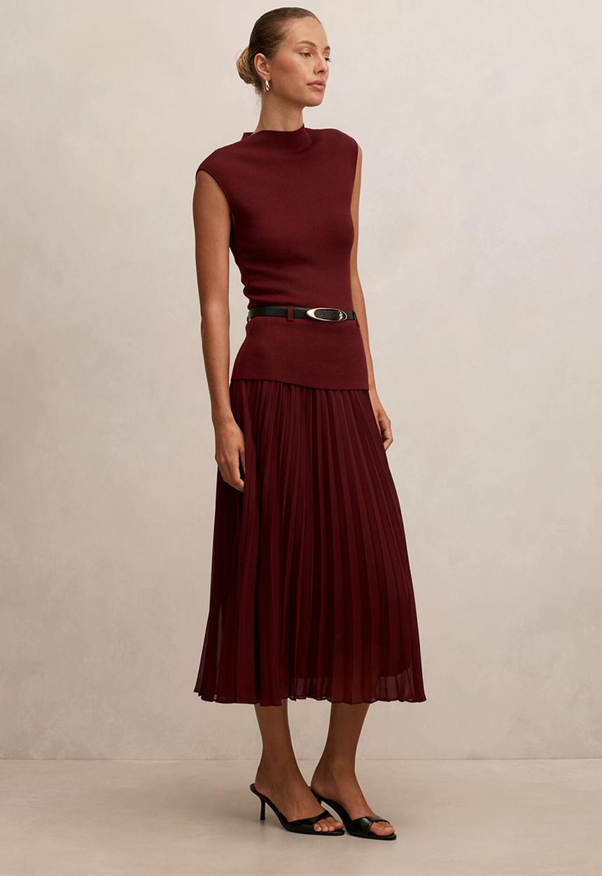 Forever New - Lorelei woven mixed midi dress in burgundy rose