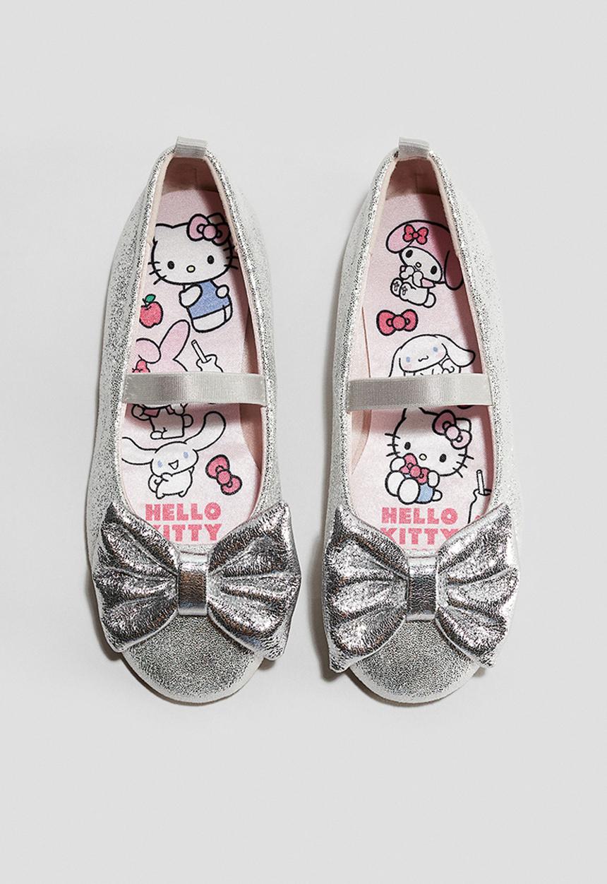 H&M - Glittery bow-detail ballet pumps - silver-coloured/hello kitty