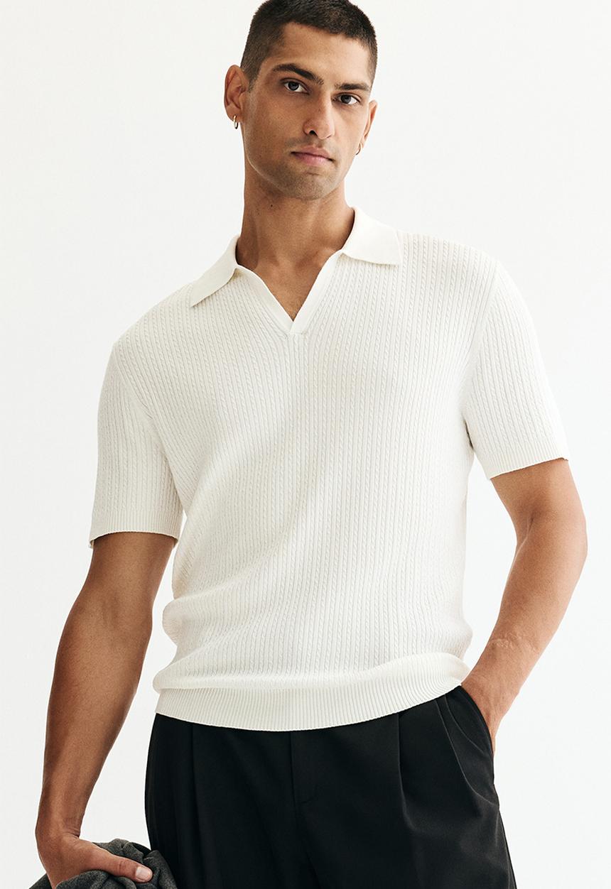 H&M - Regular fit cable-knit polo shirt - white