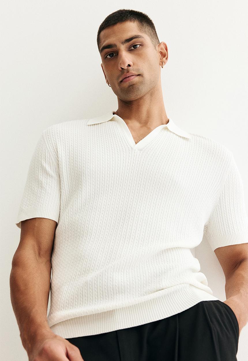 H&M - Regular fit cable-knit polo shirt - white